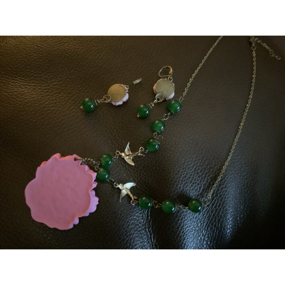 Shabby Chic Peony Bird Flower Necklace Earrings VTG Cottagecore Artisan French - Picture 7 of 9